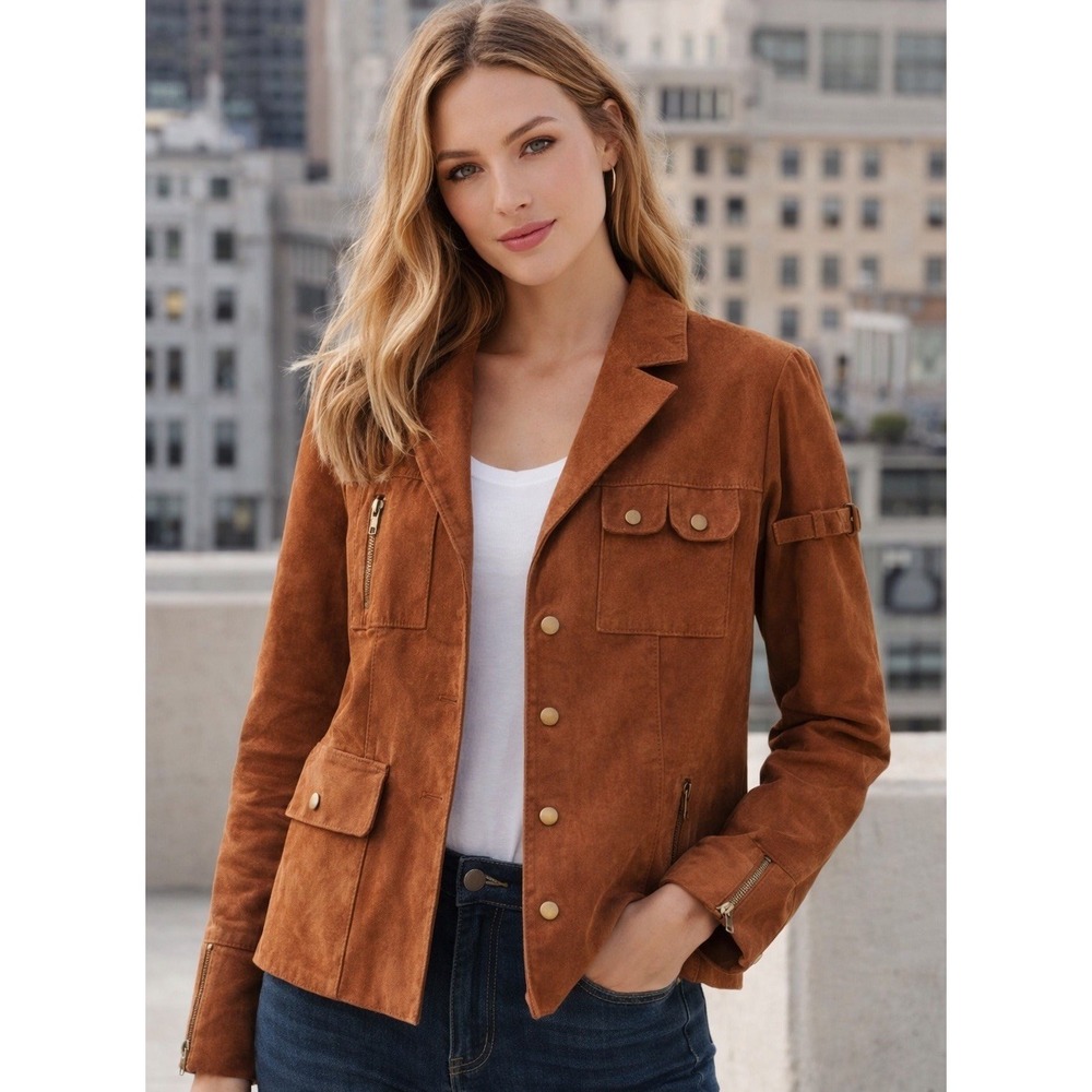 Vintage Together Leather Jacket Womens Size 6 Camel Tan Gold‎ Snaps Moto Utility
